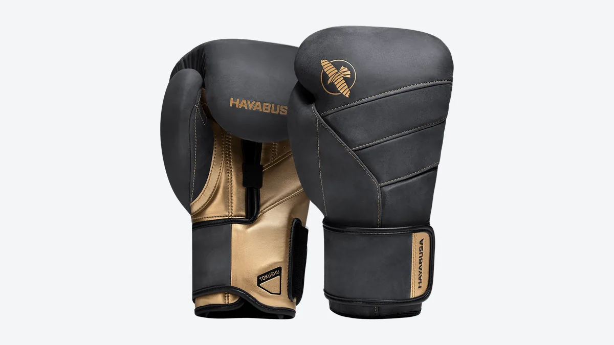 Hayabusa T3 LX boxing gloves in black and gold full-grain leather