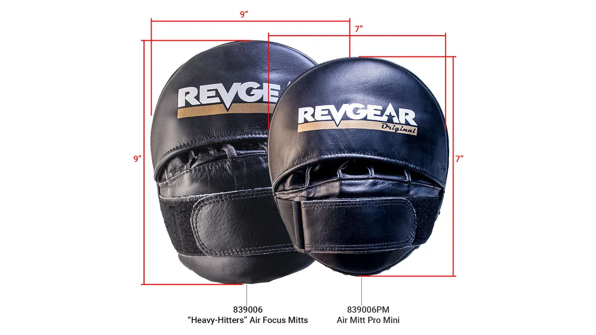 Revgear Mini Air Mitt Pro 7 inch size compared with 9 inch Heavy-Hitters Air Focus Mitts