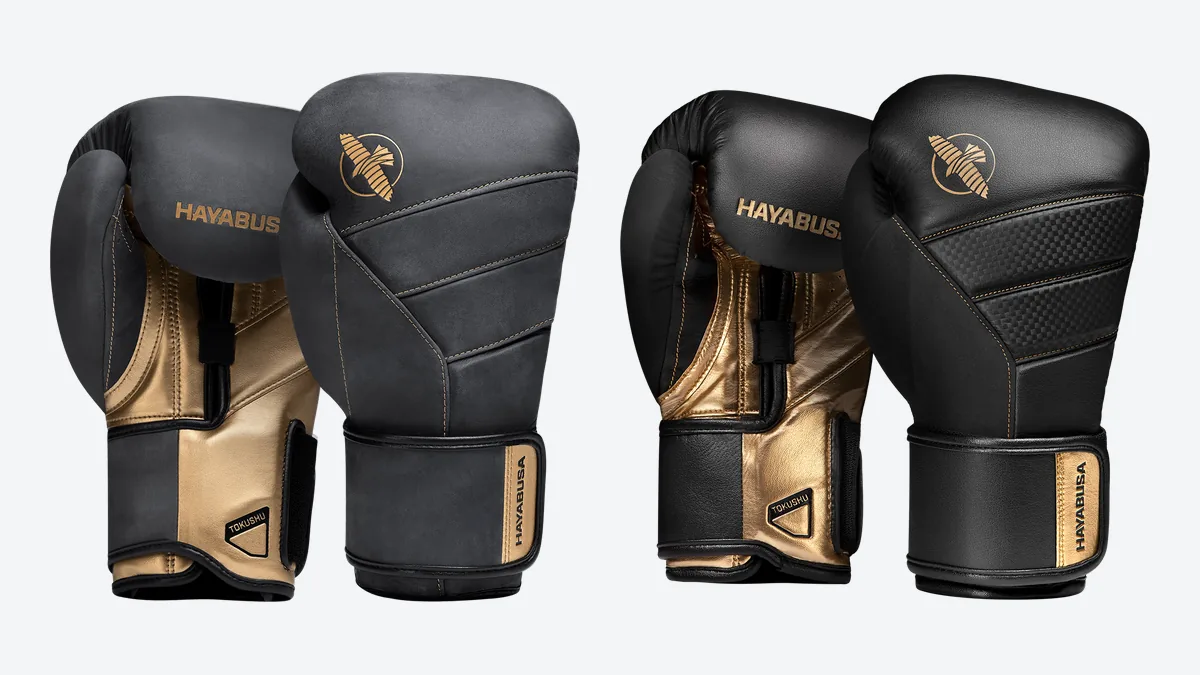 Hayabusa T3 LX leather gloves next to the standard Hayabusa T3 boxing gloves in black and gold