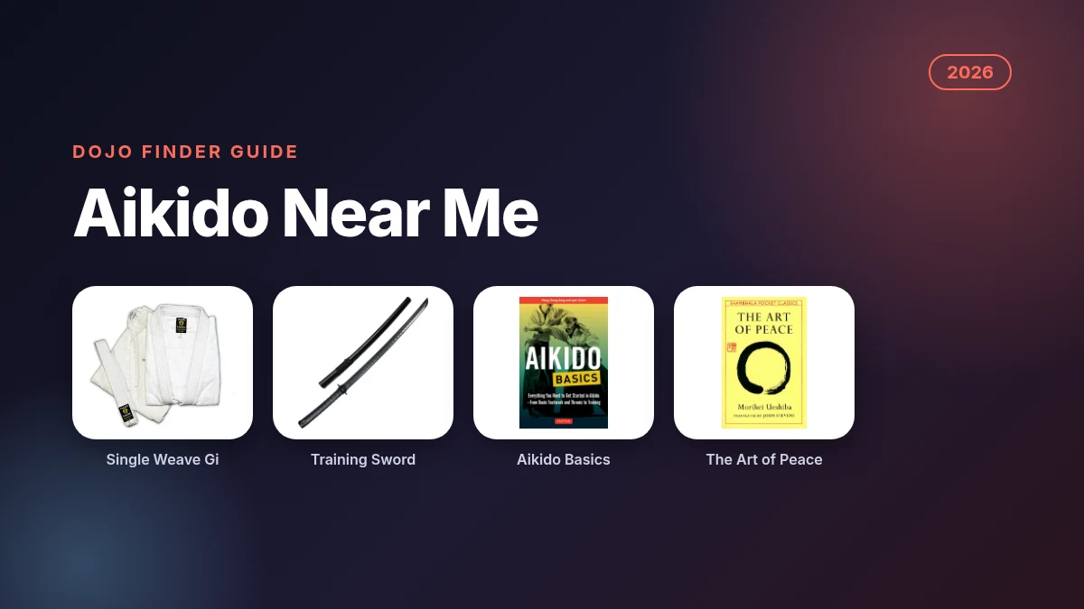 Aikido near me 2026 guide featured image showing a white single weave gi, a training sword and the Aikido Basics and The Art of Peace books