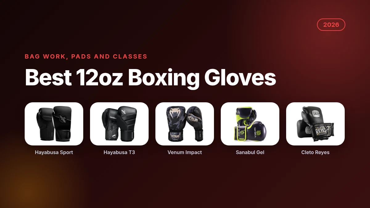 Best 12oz boxing gloves 2026 featuring Hayabusa Sport, Hayabusa T3, Venum Impact, Sanabul Essential Gel and Cleto Reyes