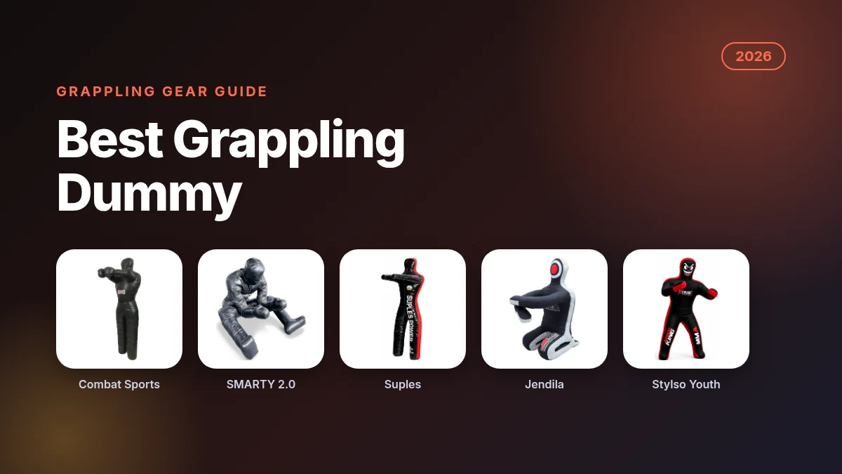 Best grappling dummy 2026 featured image showing Combat Sports, Grappling SMARTY, Suples, Jendila and Stylso grappling dummies