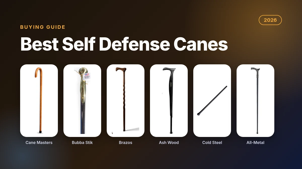 Best self defense canes 2026 featured image showing a Cane Masters hickory cane, a Bubba Stik, a Brazos twisted oak cane, a solid ash cane, a Cold Steel Walkabout and an all-metal cane