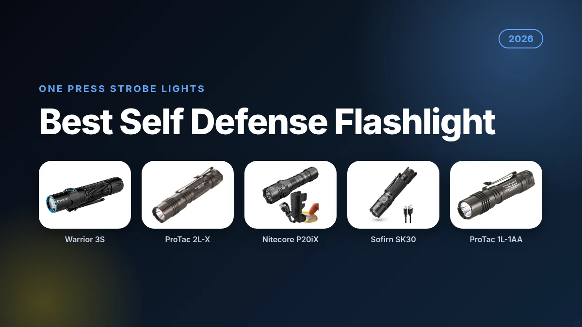 Best self defense flashlight 2026 featuring OLIGHT Warrior 3S, Streamlight ProTac, Nitecore P20iX and Sofirn SK30