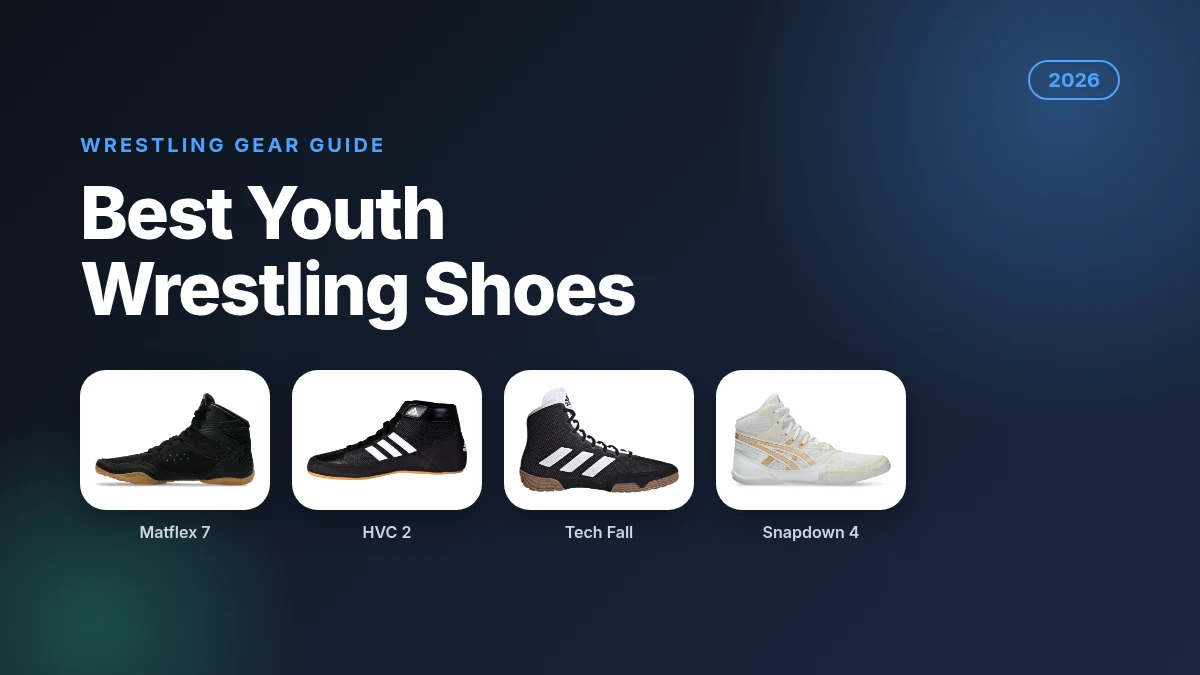 Best youth wrestling shoes 2026 featured image showing ASICS Matflex 7, adidas HVC 2, Tech Fall 2.0 and Snapdown 4