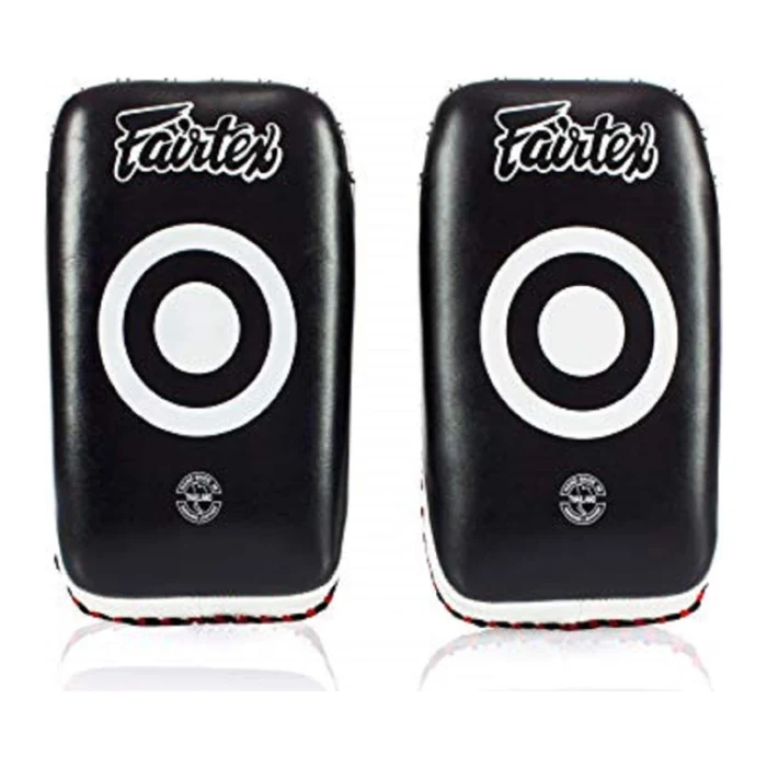 Fairtex KPLC2 curved Thai pads in black and white leather, rated 4.7 out of 5 in our best Thai pads guide