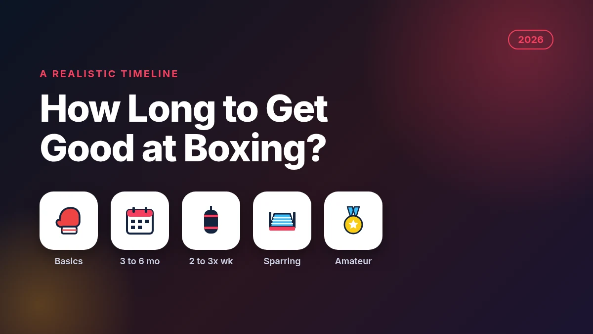 How long does it take to get good at boxing 2026 timeline with boxing glove, calendar, punching bag, ring and medal icons