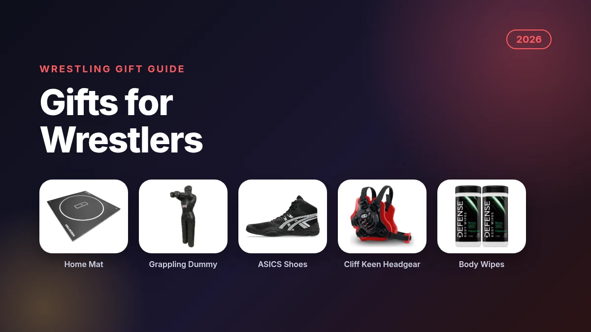 Gifts for wrestlers 2026 featured image showing a wrestling mat, grappling dummy, ASICS wrestling shoes, Cliff Keen headgear and Defense Soap body wipes