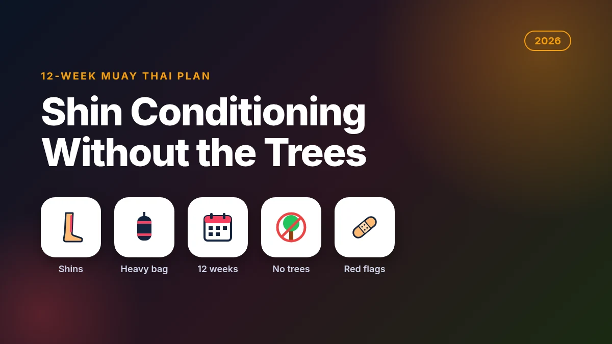 Shin conditioning for Muay Thai 2026 plan with shin, heavy bag, calendar, bandage and no-trees icons