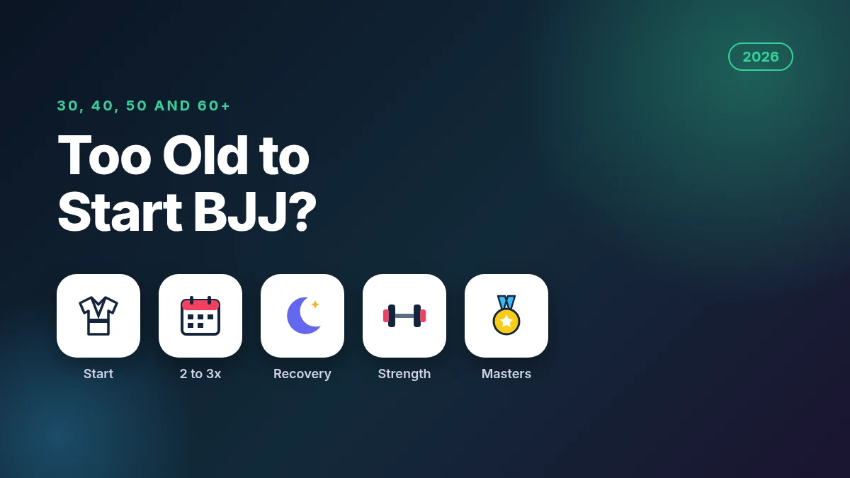 Am I too old to start BJJ 2026 guide for 30, 40, 50 and 60 plus with gi, calendar, recovery, strength and medal icons