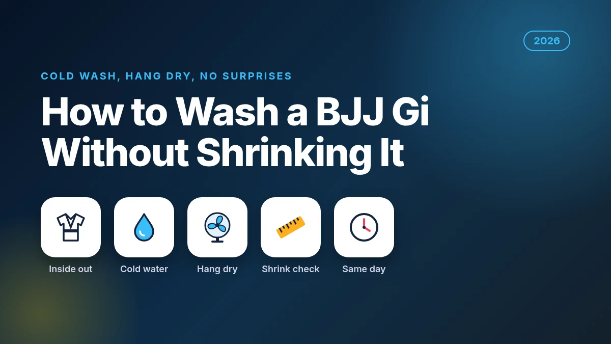 How to wash a BJJ gi without shrinking it 2026 guide with gi, water drop, fan, ruler and clock icons