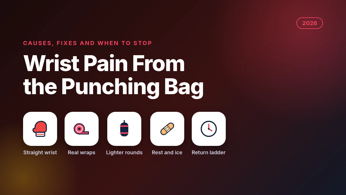 Wrist pain from punching bag 2026 guide with boxing glove, heavy bag, hand wrap, medical and clock icons